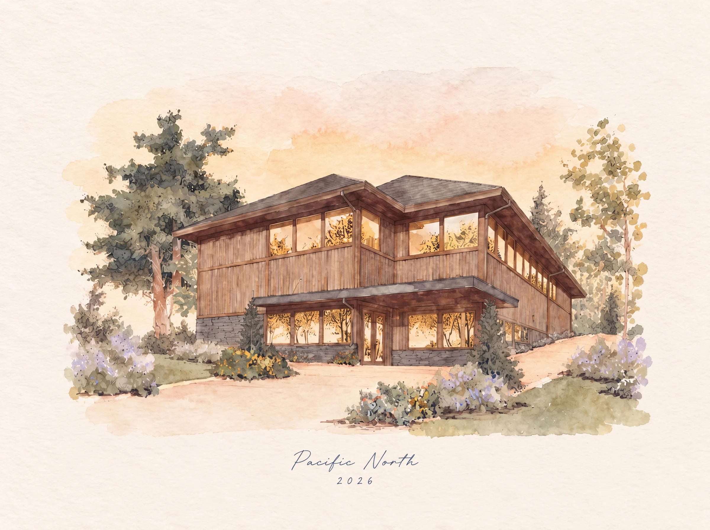 Watercolor portrait of Pacific North in its landscaped setting